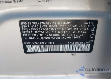 2012 Volkswagen Cc Lux z USA, uszkodzony, nr VIN WVWHN7AN7CE518041